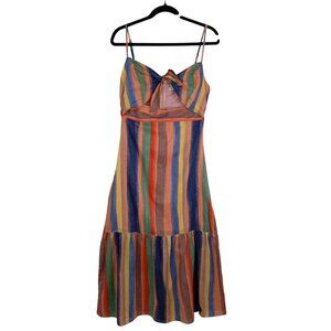 La Ven Midi Dress Rainbow Stripe Adjustable Straps & Ruffle Hem Size M